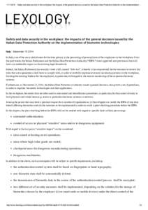 Safety and data security in the workplace: the impacts of the general decision issued by the Italian Data Protection Authority on the implementation … Safety and data security in the 