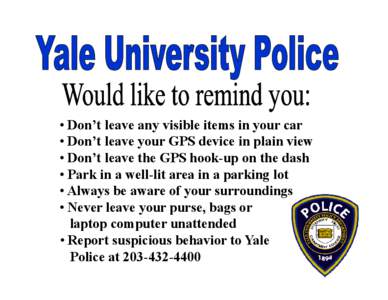 • Don’t leave any visible items in your car • Don’t leave your GPS device in plain view • Don’t leave the GPS hook-up on the dash • Park in a well-lit area in a parking lot • Always be aware of your surro