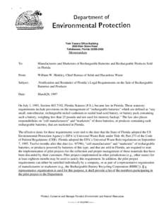 Notification and Reminder of Florida’s Legal Requirements on the Sale of Rechargeable Batteries and Products - Batteries - Solid and Hazardous Waste  - Florida DEP - [memo1997.pdf]