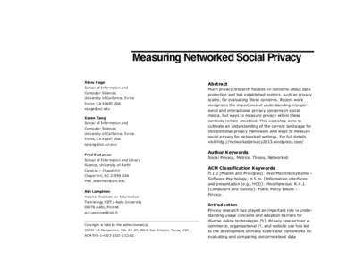 Measuring Networked Social Privacy Xinru Page School of Information and Computer Sciences University of California, Irvine Irvine, CA[removed]USA