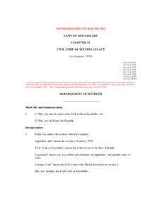 CONSOLIDATED TO 30 JUNE 2014 LAWS OF SEYCHELLES CHAPTER 33 CIVIL CODE OF SEYCHELLES ACT (1st January, 1976) Act 13 of 1975.