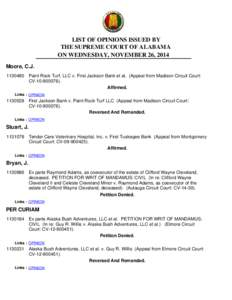 LIST OF OPINIONS ISSUED BY THE SUPREME COURT OF ALABAMA ON WEDNESDAY, NOVEMBER 26, 2014 Moore, C.J[removed]Paint Rock Turf, LLC v. First Jackson Bank et al. (Appeal from Madison Circuit Court: CV[removed]).