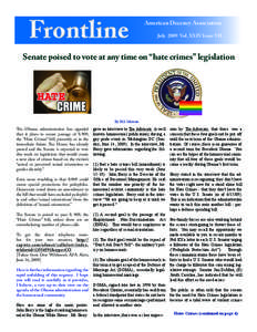 Frontline  American Decency Association July 2009 Vol. XXIV Issue VII  Senate poised to vote at any time on “hate crimes” legislation