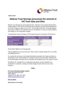 19 MarchAlliance Trust Savings announces the removal of VAT from ISAs and IDAs Alliance Trust Savings has announced that from 1 May 2014, the quarterly administration charge applied to ATS’ Stocks and Shares ISA
