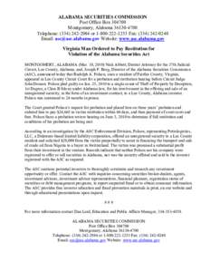 ALABAMA SECURITIES COMMISSION Post Office Box[removed]Montgomery, Alabama[removed]Telephone: ([removed]or[removed]Fax: ([removed]Email: [removed] Website: www.asc.alabama.gov Virginia Man Ord
