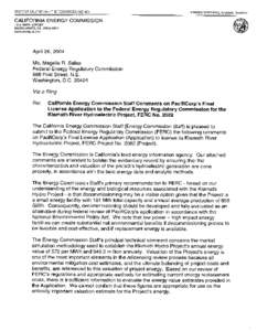 PACIFICORP’S FINAL LICENSE APPLICATION KLAMATH RIVER HYDROELECTRIC PROJECT FERC NO[removed]CALIFORNIA ENERGY COMMISSION STAFF COMMENTS TO THE FEDERAL ENERGY REGULATORY COMMISSION AND PACIFICORP
