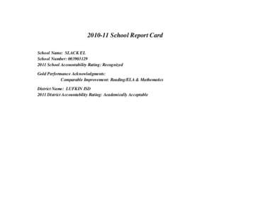 [removed]School Report Card School Name: SLACK EL School Number: [removed]School Accountability Rating: Recognized Gold Performance Acknowledgments: Comparable Improvement: Reading/ELA & Mathematics