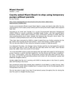 Miami Herald October 1, 2015 County asked Miami Beach to stop using temporary pumps without permits By Joey Flechas