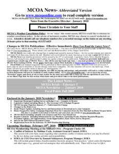 MCOA News- Abbreviated Version Go to www.mcoaonline.com to read complete version MCOA 116 Pleasant Street, Room 306, Easthampton MA[removed]tel: [removed]email: [removed] Notes from the Executive Director: