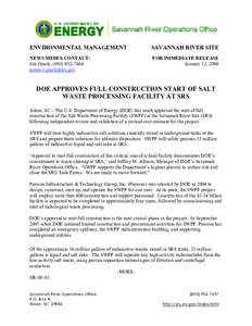 ENVIRONMENTAL MANAGEMENT  SAVANNAH RIVER SITE NEWS MEDIA CONTACT: Jim Giusti, ([removed]