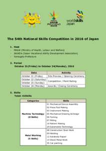 The 54th National Skills Competition in 2016 of Japan 1. Host - MHLW (Ministry of Health, Labour and Welfare) JAVADA (Japan Vocational Ability Development Association)