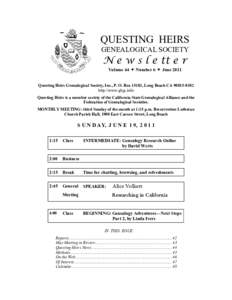 QUESTING HEIRS GENEALOGICAL SOCIETY N e w s l e tt e r Volume 44  Number 6  June 2011