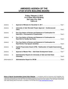 AMENDED AGENDA OF THE UTAH STATE BUILDING BOARD Friday, February 3, [removed]State Office Building Salt Lake City, Utah 9:00 a.m.