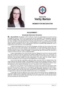 Hansard, 7 AugustSpeech By Verity Barton MEMBER FOR BROADWATER
