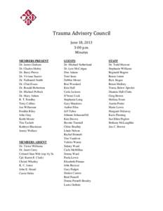 Trauma Advisory Council MEMBERS PRESENT Dr. James Graham Dr. Charles Mabry Dr. Barry Pierce Dr. Viviana Suarez