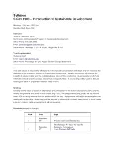 Syllabus S.Dev 1900 – Introduction to Sustainable Development Mondays 11:40 am -12:55 pm Hamilton Hall, Room 304 Instructor Jason E. Smerdon, Ph.D.