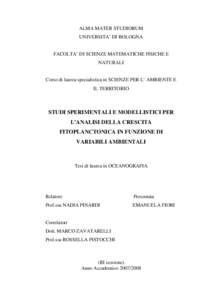 ALMA MATER STUDIORUM UNIVERSITA’ DI BOLOGNA FACOLTA’ DI SCIENZE MATEMATICHE FISICHE E NATURALI