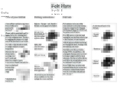 Hats / Fashion / Trilby / Fedora / Pork pie hat / Felt / Homburg / Cowboy hat / Top hat / Cultural history / Clothing / Culture