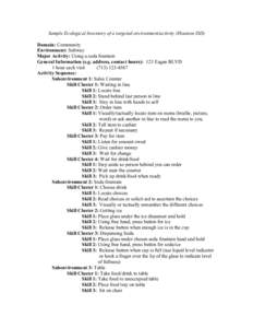 Sample Ecological Inventory of a targeted environment/activity (Houston ISD) Domain: Community Environment: Subway Major Activity: Using a soda fountain General Information (e.g. address, contact hours): 123 Eagan BLVD 1