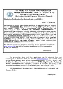 SRI PADMAVATI MAHILA VISVAVIDYALAYAM (WOMEN’S UNIVERSITY), TIRUPATI – [removed]A.P.) DISTANCE EDUCATION CENTRE (Recognized by the Distance Education Council) Admission Notification for the Academic year[removed]Date: