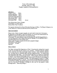 Town of Riverdale park Monday, March 6, 2006 Regular Legislative Meeting Minutes Attendance Vernon S. Archer