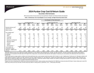 2014 Purdue Crop Cost & Return Guide December 2013 Estimates Both product prices and input prices may have significantly changed since these estimates were prepared. Table 1. Estimated per Acre Crop Budgets for Lo