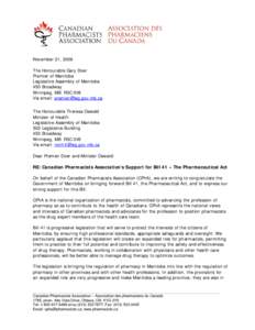 Support for Bill 41 – The Pharmaceutical Act