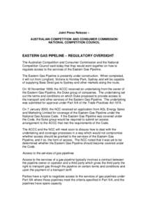 Application for coverage of the Eastern Gas Pipeline, Joint Press Release NCC & ACCC, 21 January 2000