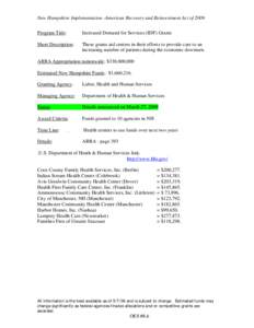 New Hampshire Implementation -American Recovery and Reinvestment Act of 2009 Program Title: Increased Demand for Services (IDF) Grants  Short Description: