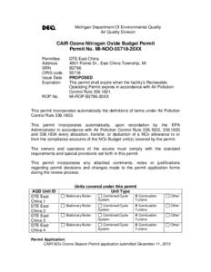 Michigan Department Of Environmental Quality Air Quality Division CAIR Ozone Nitrogen Oxide Budget Permit Permit No. MI-NOO20XX Permittee
