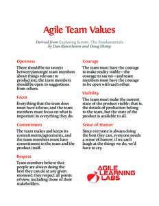 Agile Team Values Derived from Exploring Scrum: The Fundamentals by Dan Rawsthorne and Doug Shimp Openness There should be no secrets between/amongst team members