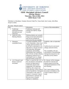 OISE Aboriginal Advisory Council Meeting Minutes Thursday, March 20th, 2014 OISE Room[removed]Members in Attendance: Suzanne Stewart, Frank Pio, Tanya Senk, Jerry Lazare, Julie Blair, Jacqui Lavalley