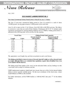 July 5, HALIBUT LANDING REPORT NO. 4 Non-treaty Commercial Fishing Period Limits in Area 2A for July 11 Fishery  The June 27 non-treaty commercial fishing period in Area 2A resulted in a catch of about