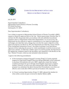 Metropolitan School District of Warren Township: Amendment 1, Race to the Top District Amendment Letter -- July 26, 2013 (PDF)