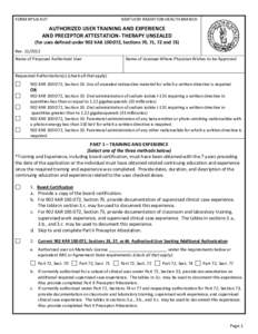 FORM RPS-8 AUT  KENTUCKY RADIATION HEALTH BRANCH AUTHORIZED USER TRAINING AND EXPERIENCE AND PRECEPTOR ATTESTATION- THERAPY UNSEALED