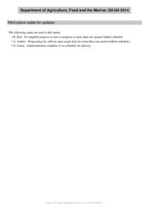 Department of Agriculture, Food and the Marine: Q2-Q4 2014 RAG status codes for updates The following codes are used in this report: • R: Red - No tangible progress to-date or progress is more than one quarter behind s