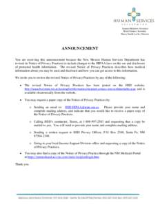 Susana Martinez, Governor Brent Earnest, Secretary Nancy Smith-Leslie, Director ANNOUNCEMENT You are receiving this announcement because the New Mexico Human Services Department has