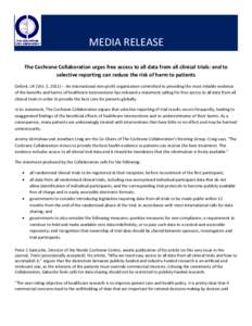 Microsoft Word - Media Release Cochrane Clinical 4-Oct-2011