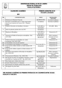 UNIVERSIDADE FEDERAL DO RIO DE JANEIRO CENTRO DE TECNOLOGIA ESCOLA POLITÉCNICA CALENDÁRIO ACADÊMICO 2013 ITEM