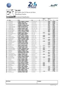 FIA WEC 82º Edition des 24 Heures du Mans Qualifying Practice Provisional Classification Session 1 Nr. Team