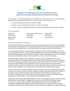 September 17th Meeting Summary For the Rathdrum Prairie Comprehensive Aquifer Management Plan Advisory Committee On September 17, 2010, the Rathdrum Prairie CAMP Advisory Committee met in the Community Room in the Coeur 