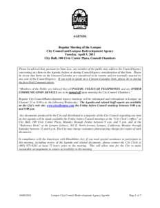 AGENDA  Regular Meeting of the Lompoc City Council and Lompoc Redevelopment Agency Tuesday, April 5, 2011 City Hall, 100 Civic Center Plaza, Council Chambers