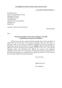 LETTERHEAD OF HONG KONG BAR ASSOCIATION 立法會 CB[removed])號文件 Mr. Michael Scott Senior Assistant Solicitor General Department Of Justice Legal Policy Division