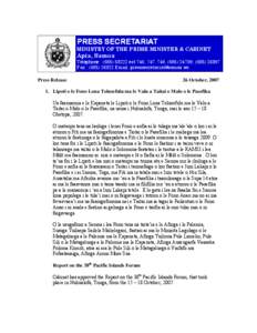 PRESS SECRETARIAT  MINISTRY OF THE PRIME MINISTER & CABINET Apia, Samoa Telephone : ([removed]ext 746, 747, 748, ([removed], ([removed]