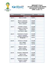 MEDIASET ITALIA 2014 FIFA WORLD CUP BRASIL BROADCAST SCHEDULE JUNE 12-JULY 13  DATE