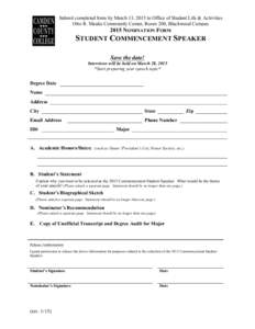 Submit completed form by March 13, 2015 to Office of Student Life & Activities Otto R. Mauke Community Center, Room 200, Blackwood Campus 2015 NOMINATION FORM  STUDENT COMMENCEMENT SPEAKER