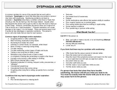 DYSPHAGIA AND ASPIRATION A common problem for many of the people that we work with is dysphagia. Dysphagia is a word that describes any problem a person may have with swallowing. Swallowing problems can lead to aspiratio