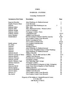INDEX INGERSOL - JVANEMO Genealogy Notebook #29 Surname(s), First Name  Description