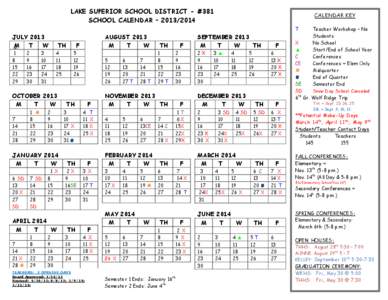 LAKE SUPERIOR SCHOOL DISTRICT - #381 SCHOOL CALENDAR – [removed]CALENDAR KEY T