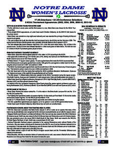 NOTRE DAME WOMEN’S LACROSSE 17 All-Americans • 63 All-Conference Selections 9 NCAA Tournament Appearances (2002, 2004, 2006, [removed], [removed])   SIXTH NCAA IN SEVEN YEARS FOR NOTRE DAME • For the sixth time in se